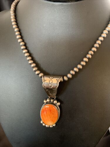 Navajo Orange Spiny Oyster Pendant Necklace | Sterling Silver | Authentic Native American Handmade | 13082