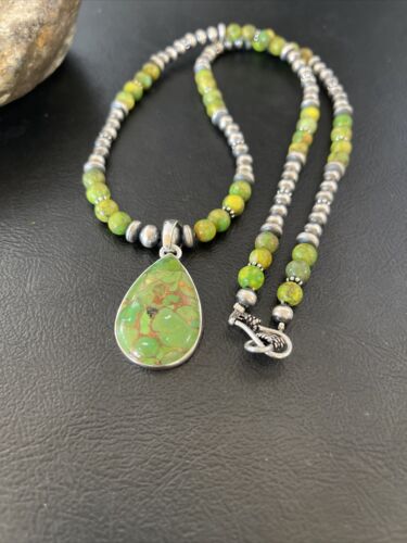 Women's Navajo Pearl Necklace with Green Mojave Turquoise Pendant | Sterling Silver | Native American Handmade | 10581
