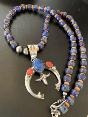 Navajo Native American Blue Lapis Spiny Oyster Naja Pendant | Sterling Silver | 11495
