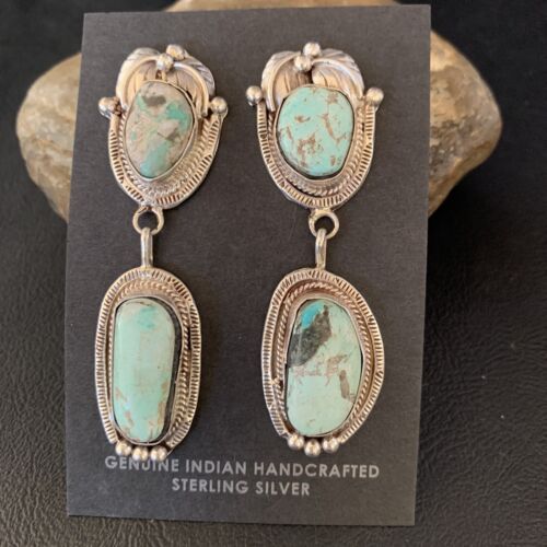 Navajo Blue Dry Creek Turquoise Post Dangle Earrings | Sterling Silver | Authentic Native American Handmade | 13875