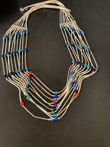 Native American Multi-Color Liquid Heishi Necklace | 10 Strand Sterling Tubes | 17" | 12623