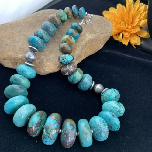 Navajo Pearl Sterling Silver Necklace | Graduated Blue Chunky Turquoise | Authentic Native American | 24" | 01743