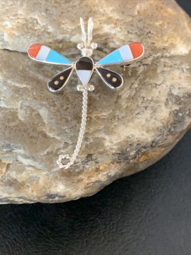 Zuni Turquoise Mother of Pearl Inlay Dragonfly Necklace Pin Pendant | Sterling Silver | 12322