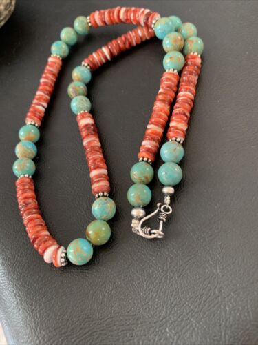 Men's Royston Turquoise & Red Spiny Necklace | Navajo Pearl | Sterling Silver | Native American | 22" | 02173
