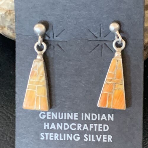 Navajo Orange Spiny Oyster Inlay Earrings | Sterling Silver | Authentic Native American Handmade | 12677