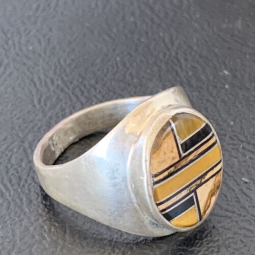 Men's Navajo Black Onyx & Tigers Eye Inlay Sterling Silver Ring | Sz 10 | Handmade Jewelry | 10730