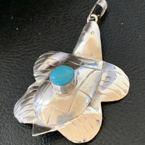 Navajo Blue Turquoise Turtle Pendant | Sterling Silver | Authentic Native American Handmade | 12804