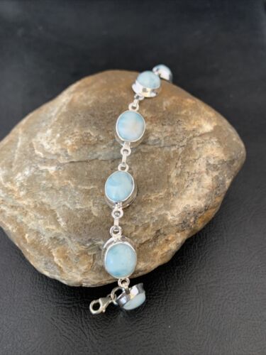 Navajo Blue Larimar 7 Link Bracelet | Sterling Silver | 7.5" | Authentic Native American Handmade | 10623