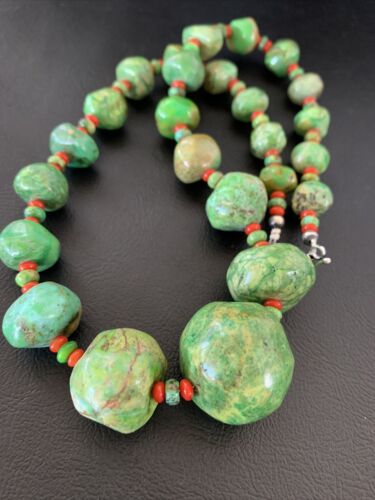 Southwestern Chunky Green Turquoise & Coral Necklace | Sterling Silver | Authentic Native American | 18" | 01843