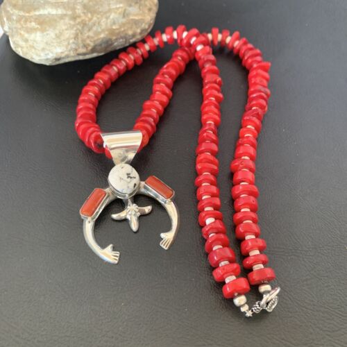 Navajo White Buffalo Turquoise Coral Naja Pendant | Sterling Silver | Authentic Native American Handmade | 10253