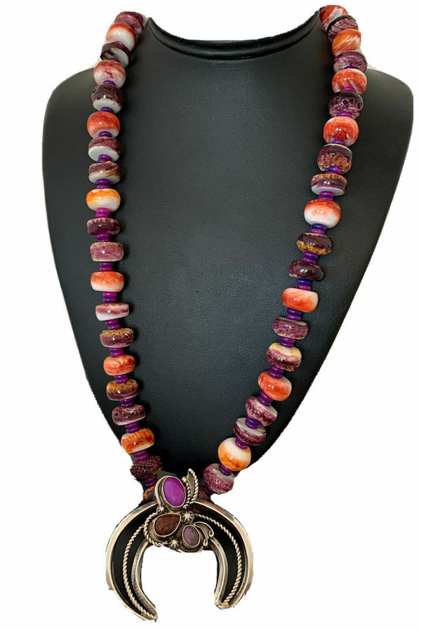 Navajo Purple Red Spiny Sugilite Necklace | Authentic Native American Sterling Silver | Naja Pendant | 00911