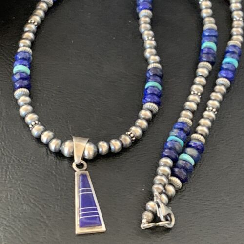 Men's Navajo Pearl Blue Lapis Turquoise Inlay Pendant Necklace | Sterling Silver | 21" | 12610