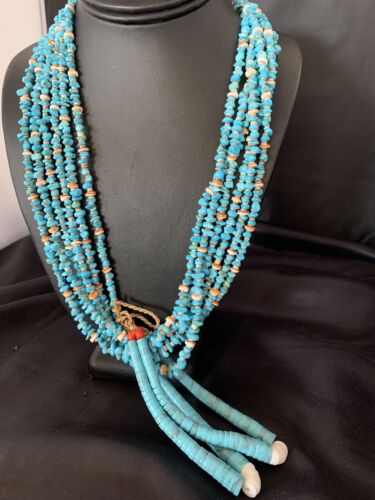 Native American Santo Domingo Spiny Blue Turquoise Shell Jacla Necklace | 36" | 13191