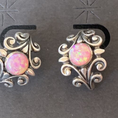 Native American Women's Navajo Hoop Earrings Set | Sterling Silver Pink Opal | 12764