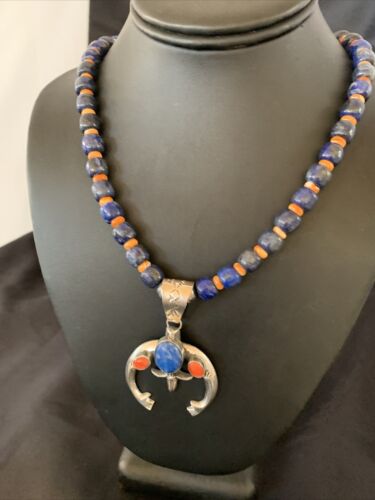Navajo Native American Blue Lapis Spiny Oyster Naja Pendant | Sterling Silver | 11492