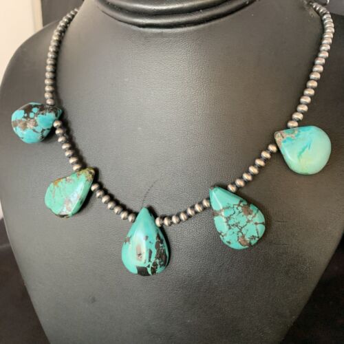 Navajo Teardrop Blue Turquoise Necklace | Sterling Silver Pearls | 20" | Authentic Native American | 13965