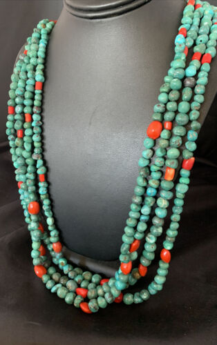 Men's Santo Domingo Blue Turquoise Coral Necklace | 4 Strand Large Bead | 34" | 13184