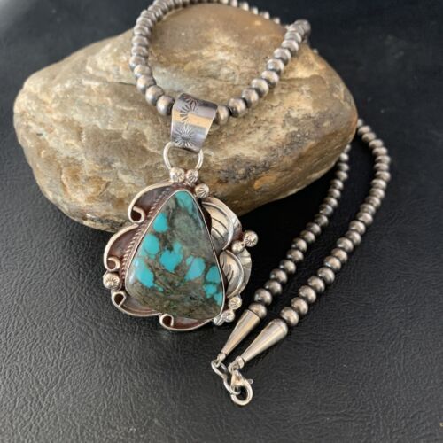 Navajo Spiderweb Turquoise Pendant Necklace | Sterling Silver | 2.25" | Authentic Native American Handmade | 14060