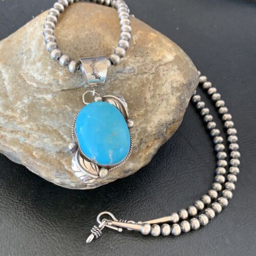 Women's Sterling Silver Blue Kingman Turquoise Necklace Pendant | Authentic Native American Handmade | 10898