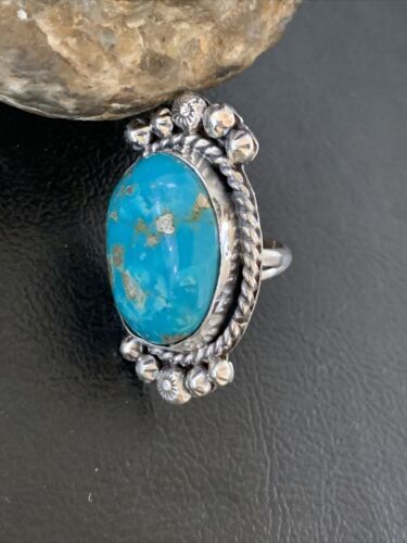 Navajo Blue Kingman Turquoise Ring | Sterling Silver | Sz 7.5 | Authentic Native American Handmade | 13381