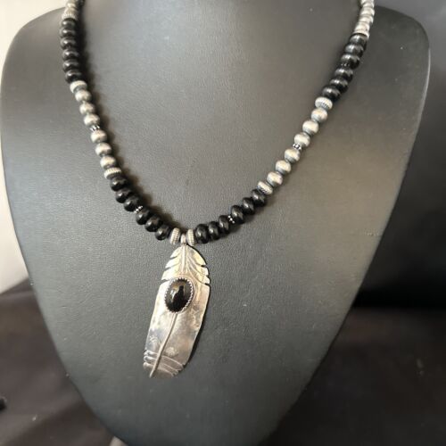 Navajo Pearls Black Onyx Necklace Pendant | Sterling Silver | Authentic Native American Handmade | 14626
