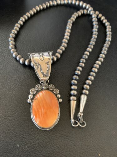 Navajo Orange Spiny Oyster Pendant Necklace | Sterling Silver | Authentic Native American Handmade | 13083