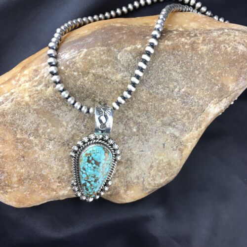 Navajo Pearls Sterling Silver Necklace with Blue #8 Turquoise Pendant | 2.7" | Authentic Native American Handmade | 10151