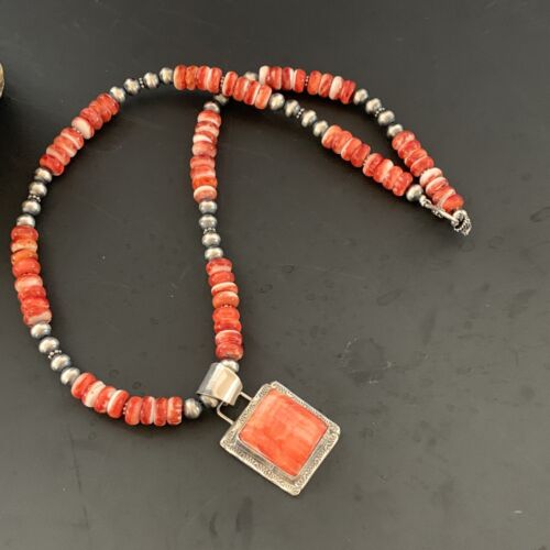 Navajo Pearls Necklace with Red Spiny Oyster Pendant | Sterling Silver | Authentic Native American Handmade | 11324