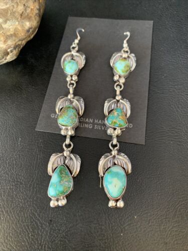 Navajo Sonoran Gold Turquoise Earrings | Sterling Silver | 3 Dangle | Authentic Native American Handmade | 13924