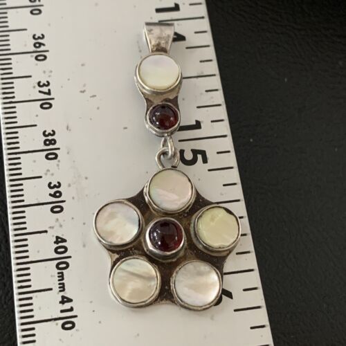 Old Pawn Vintage Multi-Stone Flower Pendant | Sterling Silver | Mother of Pearl & Garnet Dangle | 1186
