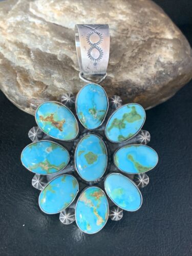 Navajo Blue Sonoran Gold Turquoise Cluster Pendant | Authentic Native American Sterling Silver | Multi-Stone | 14071
