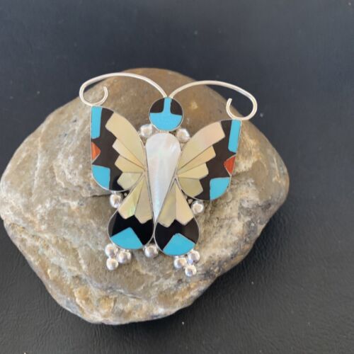 Blue Turquoise Coral Butterfly Necklace Pin Pendant | Zuni Sterling Silver | Native American Handmade | 11965