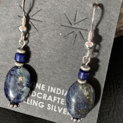 Navajo Lapis Lazuli Bead Dangle Earrings | Sterling Silver | 1" | Authentic Native American Handmade | 13329