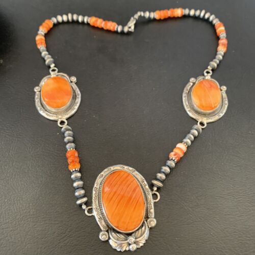 Navajo Pearls Orange Spiny Oyster Necklace Pendant | Sterling Silver | Authentic Native American Handmade | 10818