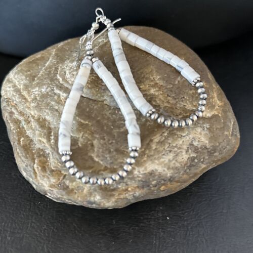Navajo White Howlite Heishi Dangle Earrings | Sterling Silver | 2" | Authentic Native American Handmade | 14480