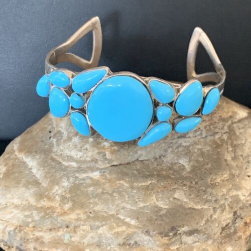 Navajo Sterling Silver Blue Kingman Turquoise Cuff Bracelet | 13 Stone | Authentic Native American Handmade | 12692