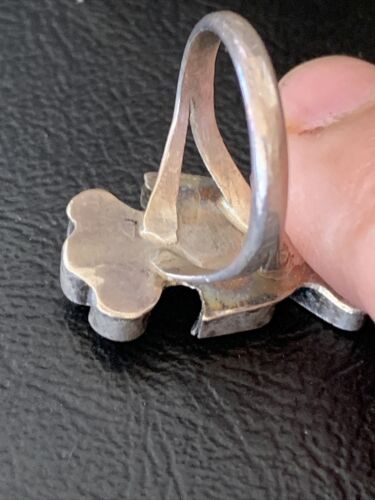 Zuni Peyote Bird Ring | Sterling Silver Coral Turquoise Onyx Mother of Pearl Inlay | Sz 5.5 | 10790