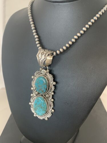 Men's Sterling Silver Navajo Pearls Necklace | Blue Turquoise Pendant | Multi-Stone | Authentic Native American Handmade | 152