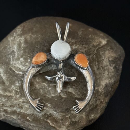 Navajo White Buffalo Turquoise Spiny Naja Pendant | Sterling Silver | Authentic Native American Handmade | 14671