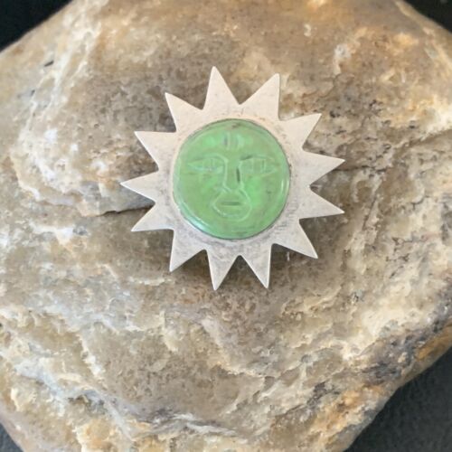 Old Pawn Navajo Green Gaspeite Sun Face Pin Pendant | Sterling Silver | Authentic Native American Handmade | 12132