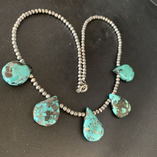 Navajo Teardrop Blue Turquoise Necklace | Sterling Silver Pearls | 20" | Authentic Native American Handmade | 13962