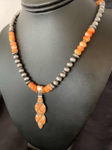 Navajo Pearls Sterling Silver Necklace | Orange Spiny Oyster Inlay Pendant | Authentic Native American Handmade | 11314