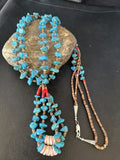 Santo Domingo Shell Turquoise Bead Pendant Jacla Necklace | 2 Strand | Pearls | Native American Handmade | 14633