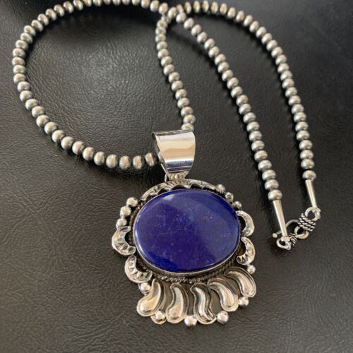 Native American Blue Lapis Pendant Necklace | Navajo Sterling Silver | Authentic Handmade | 14114
