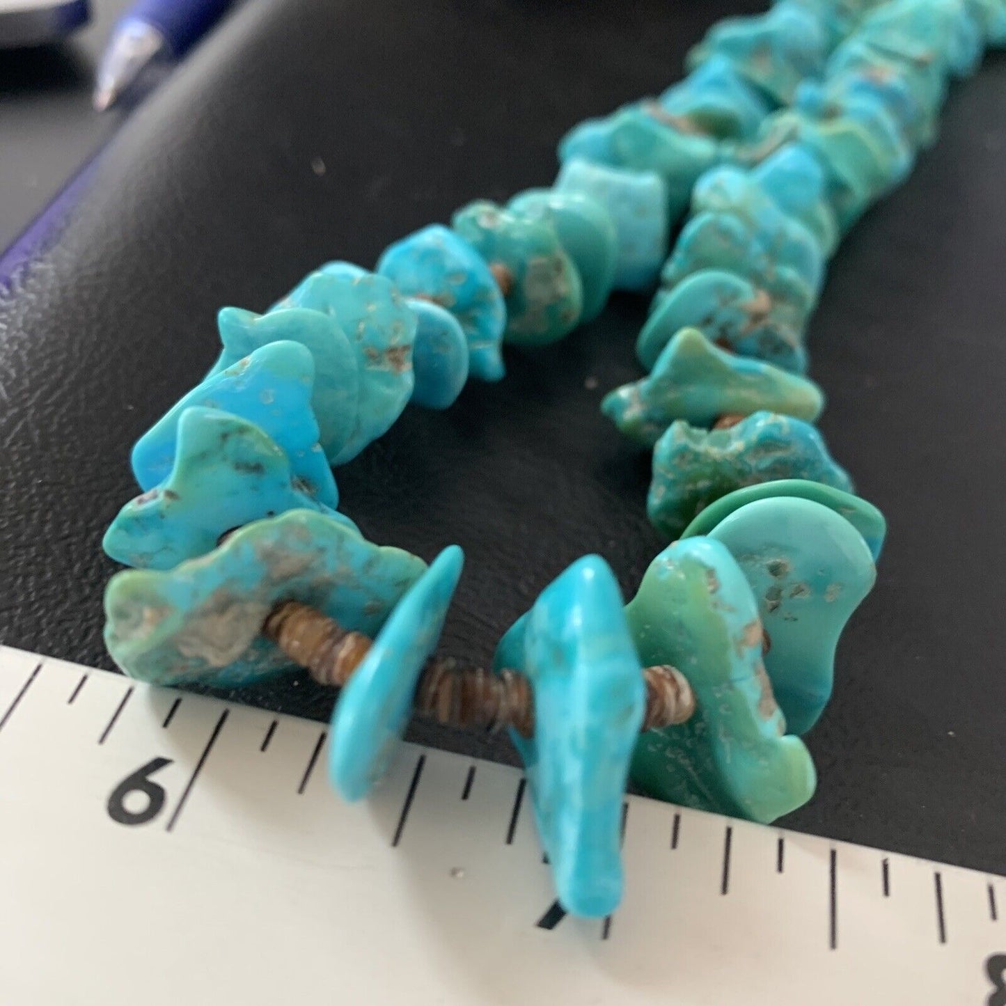 Navajo | Sterling Silver | Kingman Turquoise Shell Necklace | 26" | Authentic Native American Handmade | 11818