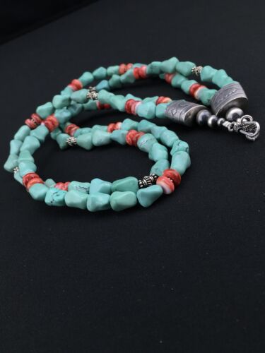 Native American Turquoise Spiny Sterling Silver Nugget Bead Necklace | 22" | 1352