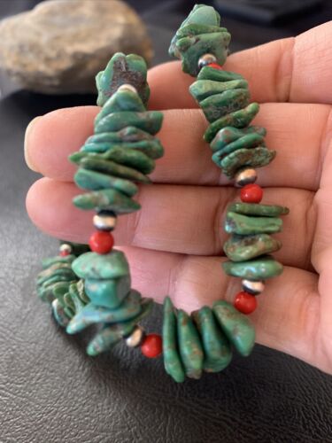 Navajo Green Turquoise Coral Shell Necklace | Sterling Silver | 28" | Authentic Native American Handmade | 11710