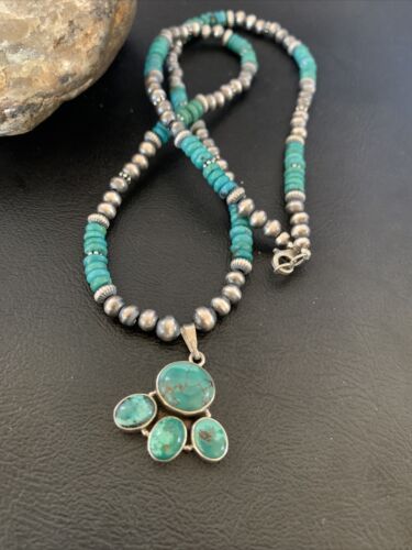 Navajo Pearl Necklace with Blue Cluster Turquoise and Multi-Stone Pendant | Authentic Native American Sterling Silver | 12546