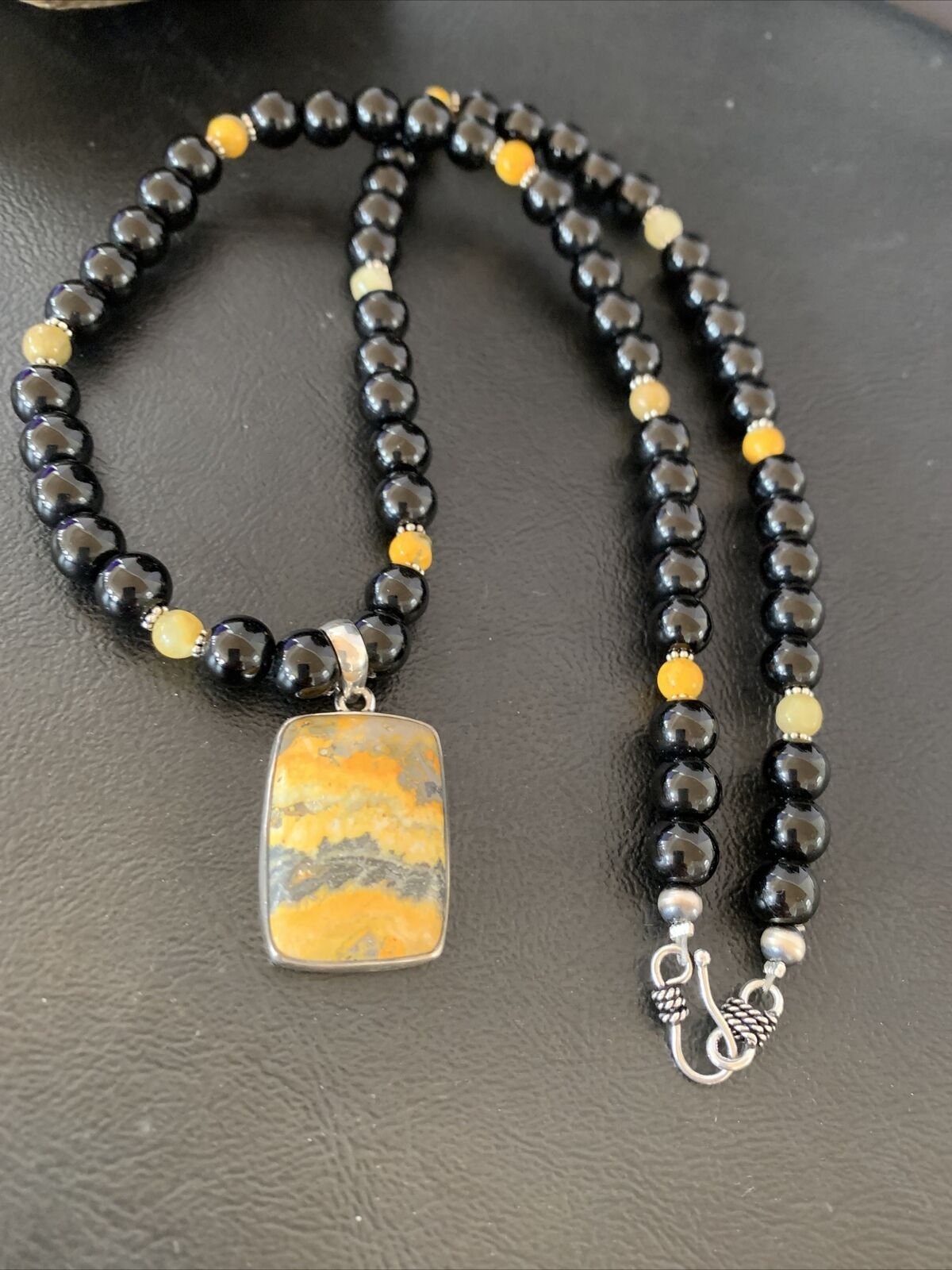 Men's Navajo Pearls Onyx Bumblebee Jasper Necklace Pendant | Sterling Silver | Native American Handmade | 10327