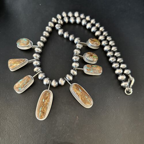 Southwestern Boulder Turquoise Necklace | 23" | Navajo Sterling Silver | Authentic Native American Handmade | 14485